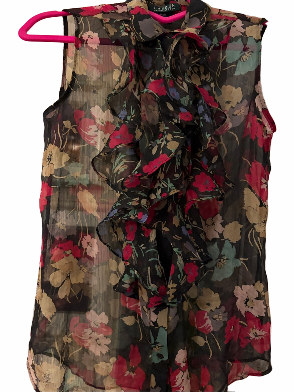 Ralph Lauren vintage sleeveless sheer floral on black ruffle placket size 2.